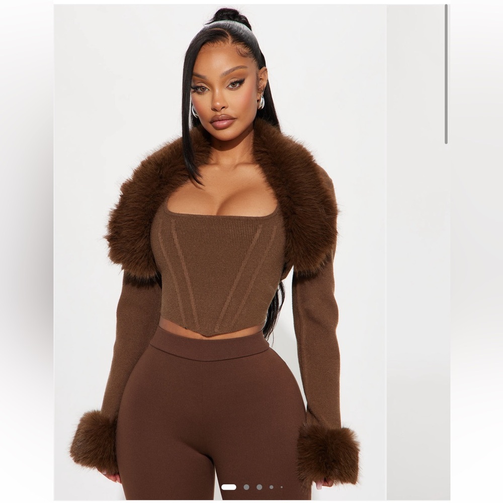 Brown Faux Fur Trim Knit cardigan and Corset Top set